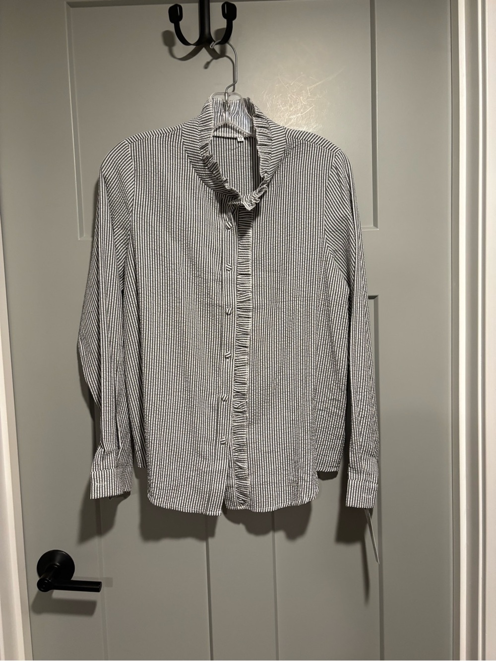 Striped Ruffle-Front Long Sleeve Shirt - Black & White - Picture 1 of 6